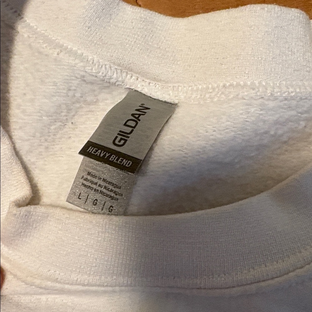 Gildan White Crewneck Sweater with Blue Print - Picture 2 of 3